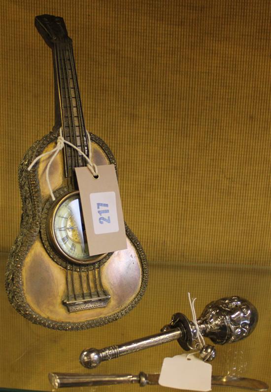 Guitar shaped clock & novelty baby rattle